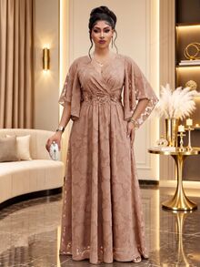 Fleurora Plus Size Women's V-Neck Applique Pleated Casual Elegant Glamour Party Dinner Evening Formal Dress Wedding Cream Summer - Khaki - View 6