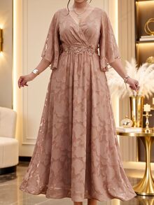 Fleurora Plus Size Women's V-Neck Applique Pleated Casual Elegant Glamour Party Dinner Evening Formal Dress Wedding Cream Summer - Khaki - View 2