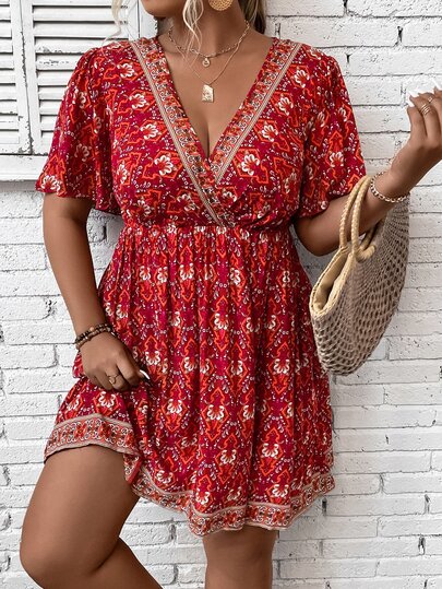 Breezaya Plus Floral Print Butterfly Sleeve Overlap Collar Dress For New Year, Summer