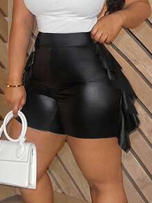 Slaydiva Plus Size Women's Elegant Party Solid Black Skinny Side Ruffle Trim PU Coated Shorts, Spring/Summer - Black - View 5