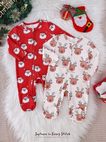 Cozy Pixies Newborn Baby Casual Red Holiday Christmas Santa & Reindeer Pattern Comfortable Home Wear 2 Pieces Set - Red - View 6