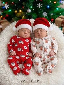 Cozy Pixies Newborn Baby Casual Red Holiday Christmas Santa & Reindeer Pattern Comfortable Home Wear 2 Pieces Set - Red - View 1