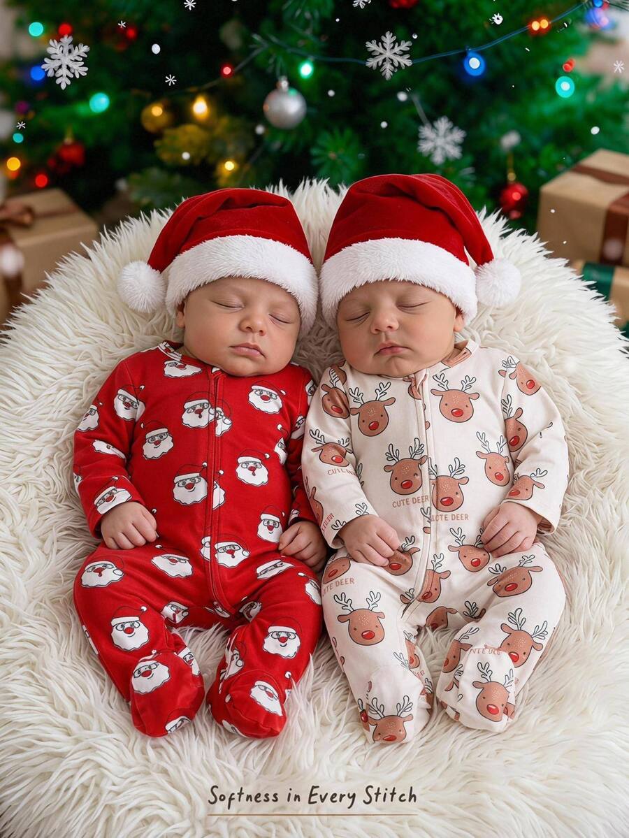 Cozy Pixies Newborn Baby Casual Red Holiday Christmas Santa & Reindeer Pattern Comfortable Home Wear 2 Pieces Set - Red - View 1