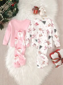 Cozy Pixies 4件組女嬰休閒粉色聖誕系列圓領長袖套頭上衣與長褲睡衣，聖誕老人、聖誕樹、馴鹿印花，2款各1套，貼身居家服 - 淺粉色 - 查看 2
