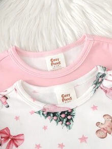Cozy Pixies 4件組女嬰休閒粉色聖誕系列圓領長袖套頭上衣與長褲睡衣，聖誕老人、聖誕樹、馴鹿印花，2款各1套，貼身居家服 - 淺粉色 - 查看 4