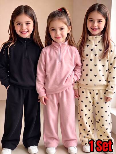 1 Set Baby Girl Heart Print & Solid Color 1/4 Zip Stand Collar Sweatshirt & Wide Leg Sweatpants 2pcs Set, Cute Autumn/Winter Sports Outfit