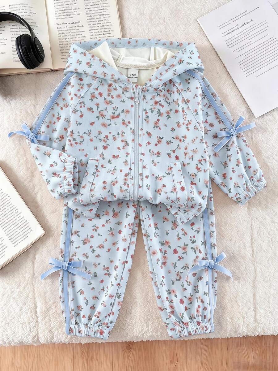 SHEIN 2pcs Toddler Girl Hoodie Sweatpants Cute Sweet Light Blue Floral Print Pink Bow Stripe Long Sleeve Hooded Regular Party Fall Holiday Active - Baby Blue - View 1