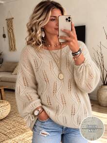 Weeklong Plus-Size Women's Spring/Fall Casual Wear: Simple, Versatile, And Feminine Style. Solid-Color, Soft Knit Top With Openwork Leaf Pattern, Round Neckline, Tie-Cuff Sleeves, And Loose Fit. Perfect For Spring And Fall. - Apricot - View 3