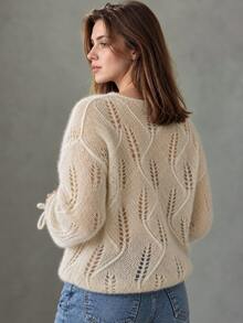 Weeklong Plus-Size Women's Spring/Fall Casual Wear: Simple, Versatile, And Feminine Style. Solid-Color, Soft Knit Top With Openwork Leaf Pattern, Round Neckline, Tie-Cuff Sleeves, And Loose Fit. Perfect For Spring And Fall. - Apricot - View 2