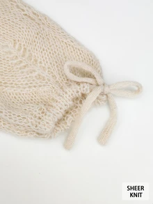 Weeklong Plus-Size Women's Spring/Fall Casual Wear: Simple, Versatile, And Feminine Style. Solid-Color, Soft Knit Top With Openwork Leaf Pattern, Round Neckline, Tie-Cuff Sleeves, And Loose Fit. Perfect For Spring And Fall. - Apricot - View 4
