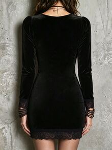 LUMIGAL Fall Clothes FOR WomenWomen's Solid Color Contrast Mesh Button Design Lace Cuff Elegant Dress - Black - View 2