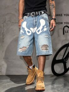 Manfinity Roghcode Summer Unisex Distressed Print Denim Shorts - Blue - View 1