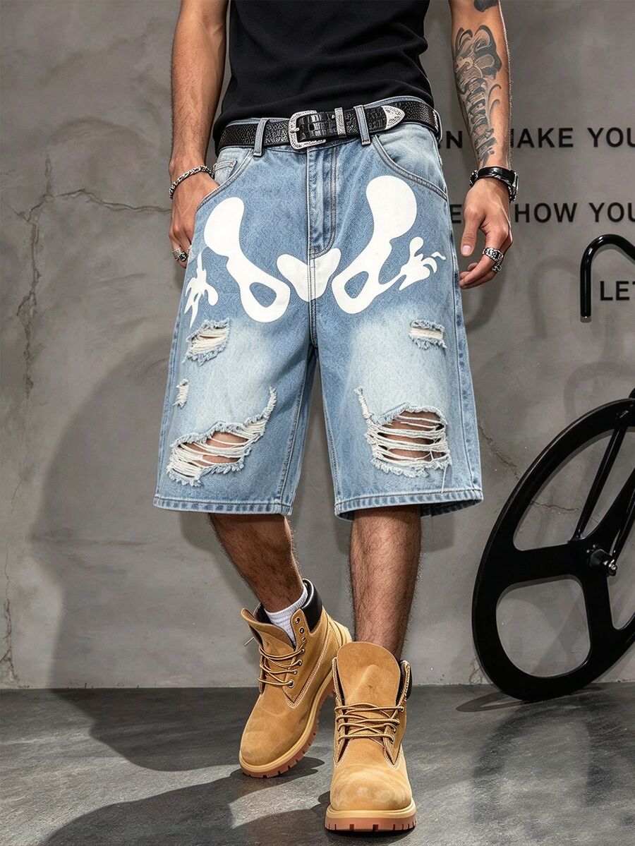 Manfinity Roghcode Summer Unisex Distressed Print Denim Shorts - Blue - View 1