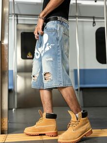 Manfinity Roghcode Summer Unisex Distressed Print Denim Shorts - Blue - View 4
