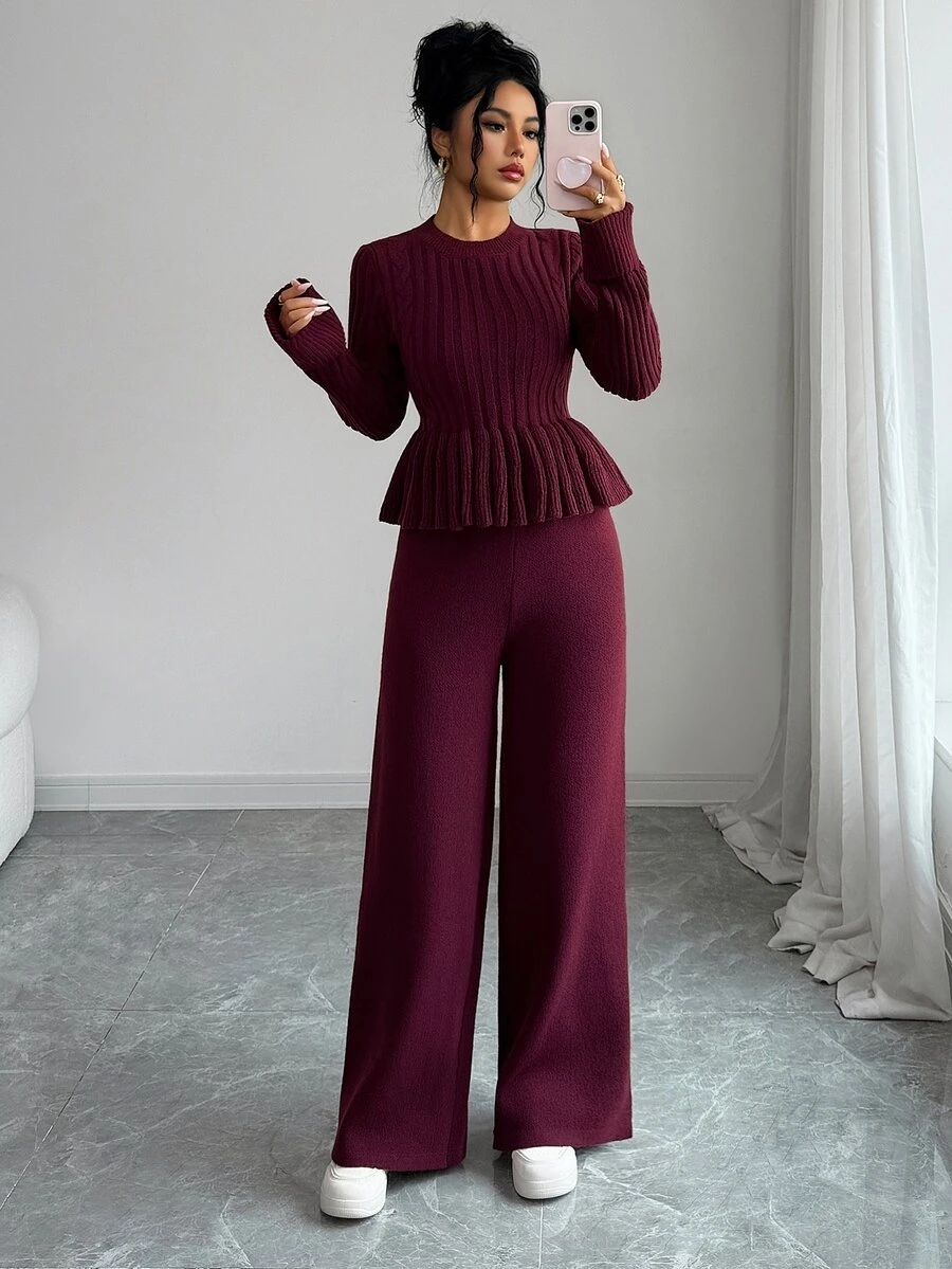 Elenzga Women's Fitted A-Line Ruffle Hem Sweater Top Paired With Elegant Knit Sweater Pants - Burgundy - View 1