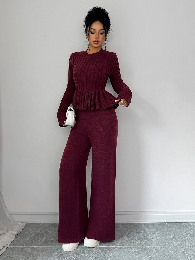 Elenzga Women's Fitted A-Line Ruffle Hem Sweater Top Paired With Elegant Knit Sweater Pants - Burgundy - View 5