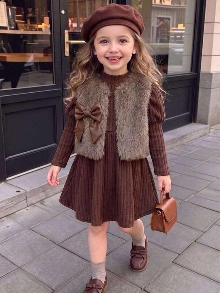 SHEIN Elladie kids 2 Pieces/Set Girls Toddler Fall Winter New Back To School Purple Vintage Soft Medium-Thick Long Plush Knit Leather Bow - Coffee Brown - View 1