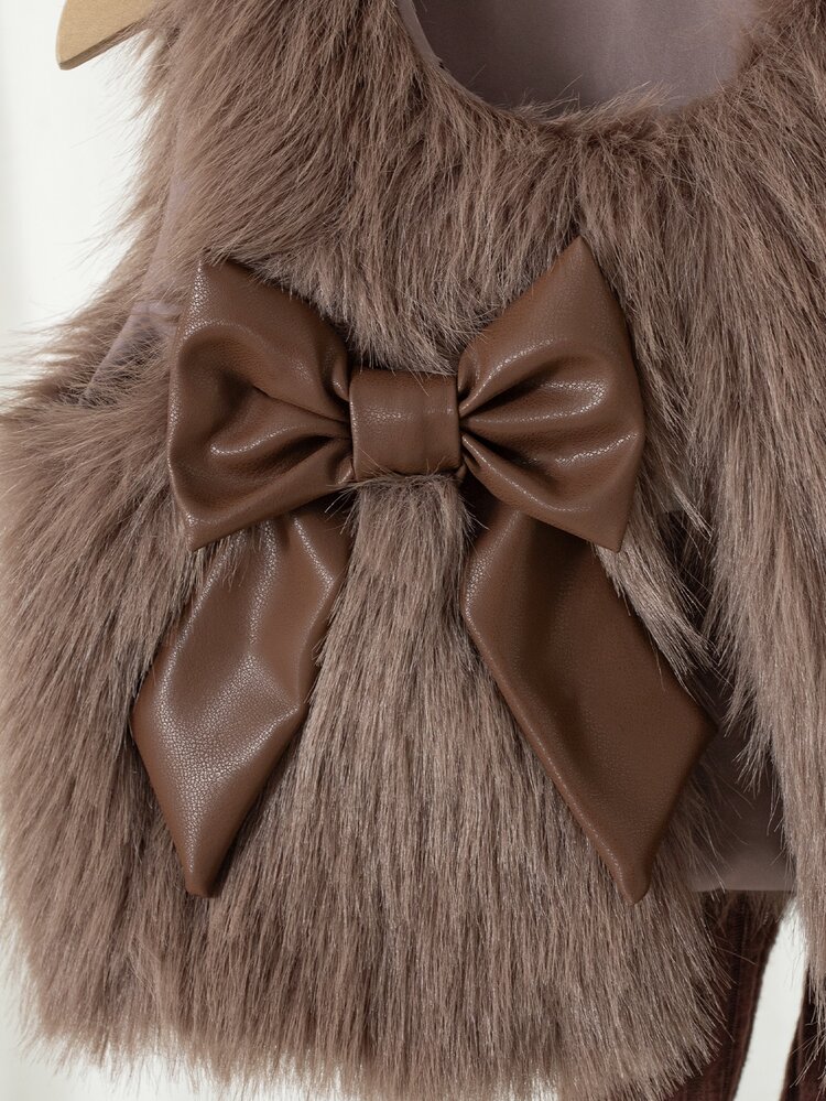 SHEIN Elladie kids 2 Pieces/Set Girls Toddler Fall Winter New Back To School Purple Vintage Soft Medium-Thick Long Plush Knit Leather Bow - Coffee Brown - View 8