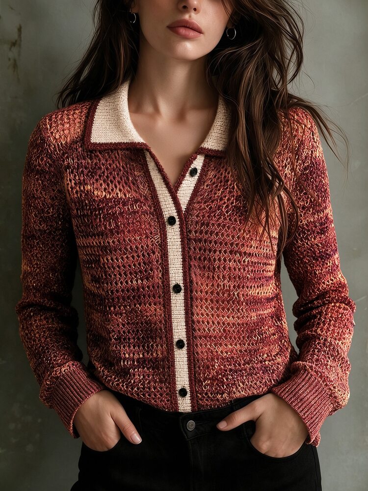 SHEIN Áo cardigan len dệt vân muối tiêu nữ cổ bẻ phối viền tương phản, phong cách vintage phối mảng màu, cài nút trước, size L - Màu Đỏ Sâu - Xem 7
