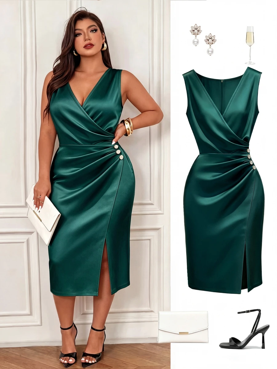 Femmeverse Plus Size Women's Solid Color Overlap V-Neck Pleated Design Sleeveless Elegant Dress - Dark Green - View 1