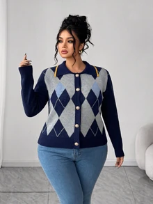 Linhara CURVE Plus Size Women's Autumn/Winter Blue Vintage Argyle Knit Cardigan, Contrast Trim Loose Slimming Short Sweater Jacket, Suitable For Daily Commute And Street Wear - Blue - View 5
