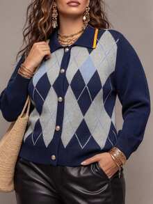 Linhara CURVE Plus Size Women's Autumn/Winter Blue Vintage Argyle Knit Cardigan, Contrast Trim Loose Slimming Short Sweater Jacket, Suitable For Daily Commute And Street Wear - Blue - View 6