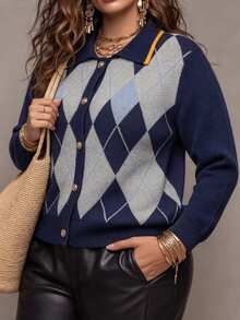 Linhara CURVE Plus Size Women's Autumn/Winter Blue Vintage Argyle Knit Cardigan, Contrast Trim Loose Slimming Short Sweater Jacket, Suitable For Daily Commute And Street Wear - Blue - View 7