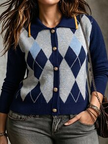 Linhara CURVE Plus Size Women's Autumn/Winter Blue Vintage Argyle Knit Cardigan, Contrast Trim Loose Slimming Short Sweater Jacket, Suitable For Daily Commute And Street Wear - Blue - View 2