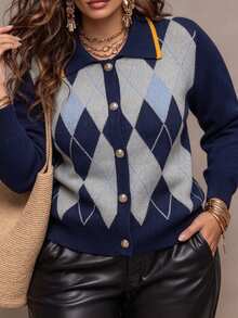 Linhara CURVE Plus Size Women's Autumn/Winter Blue Vintage Argyle Knit Cardigan, Contrast Trim Loose Slimming Short Sweater Jacket, Suitable For Daily Commute And Street Wear - Blue - View 1