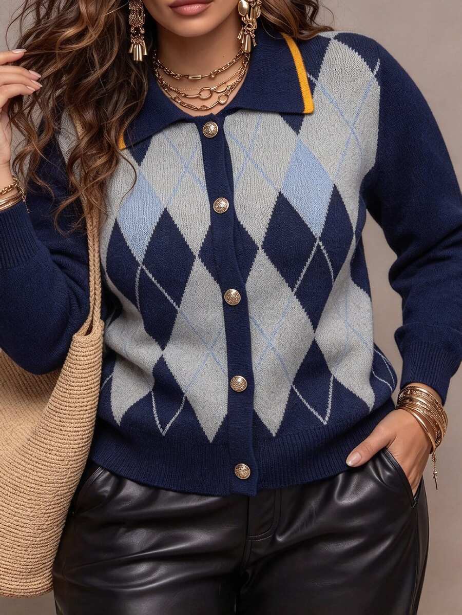 Linhara CURVE Plus Size Women's Autumn/Winter Blue Vintage Argyle Knit Cardigan, Contrast Trim Loose Slimming Short Sweater Jacket, Suitable For Daily Commute And Street Wear - Blue - View 1
