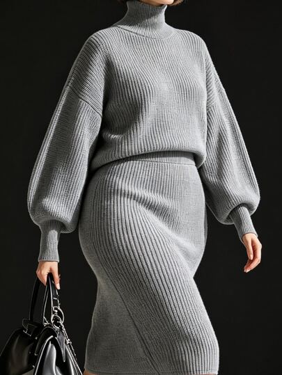 Velvienne Conjunto de suéter de cuello alto con mangas farol y falda ajustada de punto acanalado gris elegante y minimalista para mujer de talla grande, otoño/invierno, ajuste holgado y estilizante para uso diario, salidas, citas y talla grande