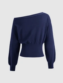 كنزة صوفية قصيرة للفتيات المراهقات خريف/شتاء جديدة باللون البني بتصميم كتف غير متماثل وخصر مشدود - أزرق بحري - مشاهدة 3