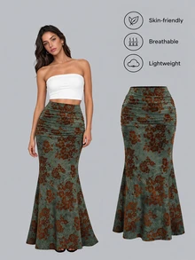 Sweetra Women's Vintage Elegant Flocked Print Fish Tail Skirt For Autumn/Winter Maxi Fall Cloth For Women Dinner Date Brown - Army Green - View 4