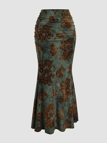 Sweetra Women's Vintage Elegant Flocked Print Fish Tail Skirt For Autumn/Winter Maxi Fall Cloth For Women Dinner Date Brown - Army Green - View 3