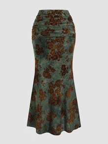 Sweetra Women's Vintage Elegant Flocked Print Fish Tail Skirt For Autumn/Winter Maxi Fall Cloth For Women Dinner Date Brown - Army Green - View 2