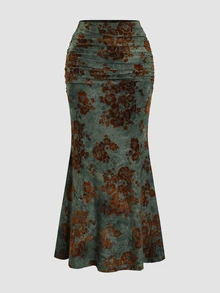 Sweetra Women's Vintage Elegant Flocked Print Fish Tail Skirt For Autumn/Winter Maxi Fall Cloth For Women Dinner Date Brown - Army Green - View 1