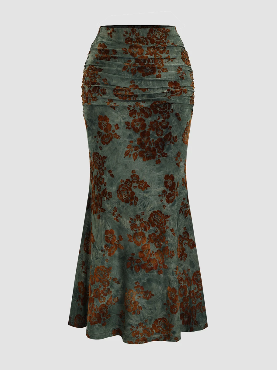 Sweetra Women's Vintage Elegant Flocked Print Fish Tail Skirt For Autumn/Winter Maxi Fall Cloth For Women Dinner Date Brown - Army Green - View 1