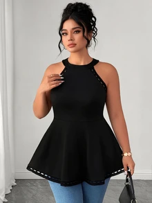 Elenzga Camiseta sin tirantes de encaje floral calada y versátil para mujer de talla grande - Negro - Ver 6