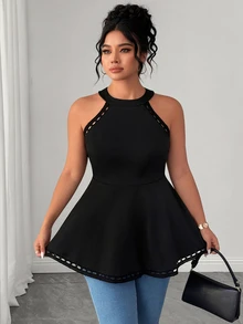 Elenzga Camiseta sin tirantes de encaje floral calada y versátil para mujer de talla grande - Negro - Ver 8