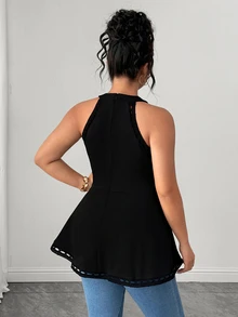 Elenzga Camiseta sin tirantes de encaje floral calada y versátil para mujer de talla grande - Negro - Ver 2