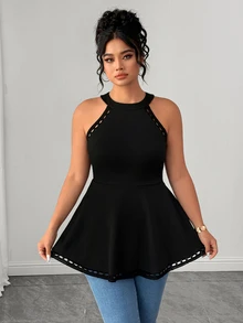 Elenzga Camiseta sin tirantes de encaje floral calada y versátil para mujer de talla grande - Negro - Ver 3