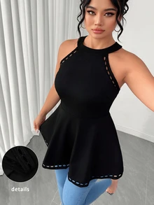Elenzga Camiseta sin tirantes de encaje floral calada y versátil para mujer de talla grande - Negro - Ver 1