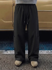 STEELVANCE Men's Diagonal Stripe Wide Leg Patchwork Pants, Elastic Waist Drawstring Trousers, For Formal Holiday Or Casual Streetwear Occasions, Black Fall - Black - View 1