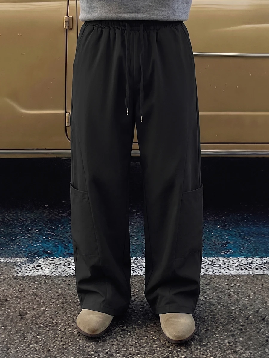 STEELVANCE Men's Diagonal Stripe Wide Leg Patchwork Pants, Elastic Waist Drawstring Trousers, For Formal Holiday Or Casual Streetwear Occasions, Black Fall - Black - View 1