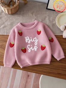 SHEIN 2Pcs Set Girls' Taro Pink Chunky Knit Crew Neck Sweater 3D Handmade Crochet Strawberry Decor And Big Sis Letter Embroidery Long Sleeve Pullover Loose - Pink - View 1