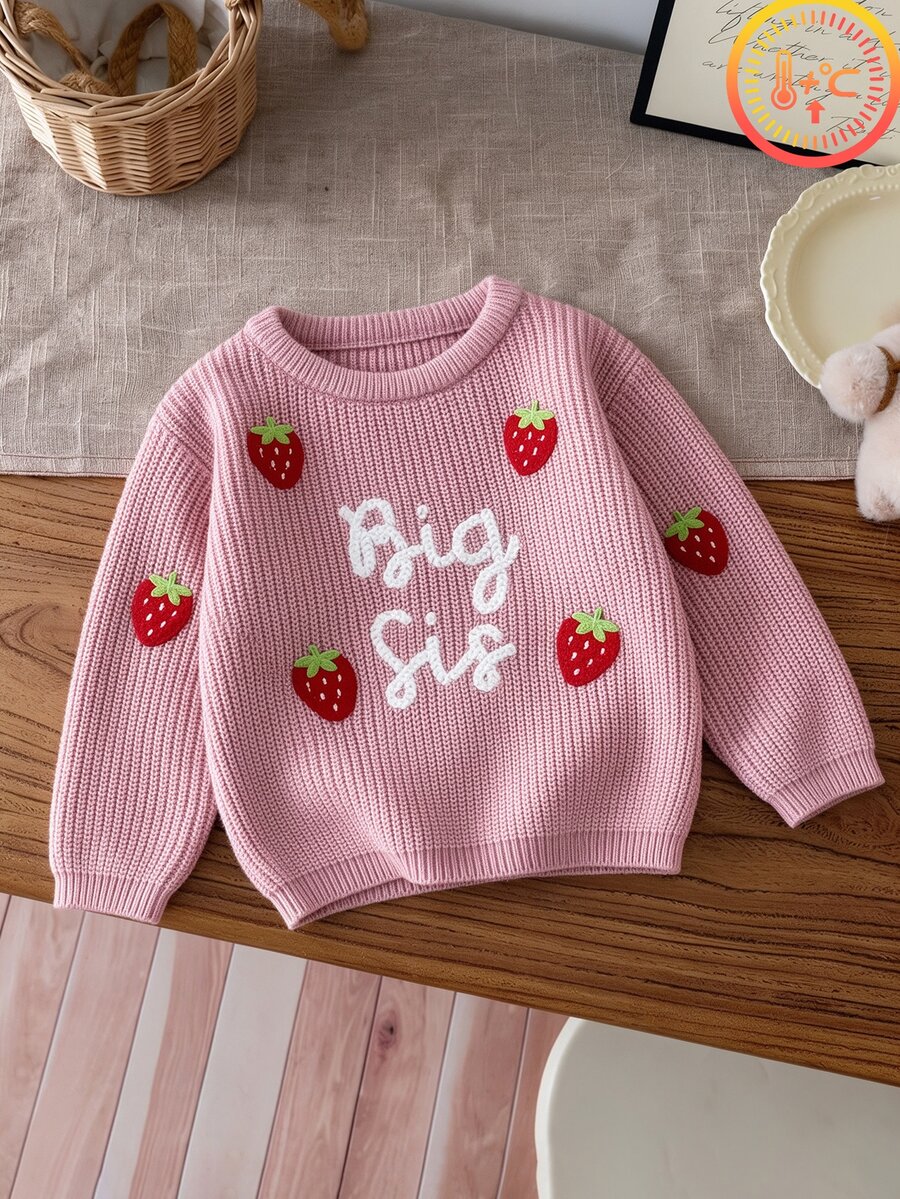 SHEIN 2Pcs Set Girls' Taro Pink Chunky Knit Crew Neck Sweater 3D Handmade Crochet Strawberry Decor And Big Sis Letter Embroidery Long Sleeve Pullover Loose - Pink - View 1