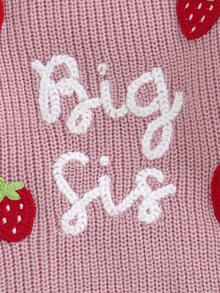 SHEIN 2Pcs Set Girls' Taro Pink Chunky Knit Crew Neck Sweater 3D Handmade Crochet Strawberry Decor And Big Sis Letter Embroidery Long Sleeve Pullover Loose - Pink - View 3
