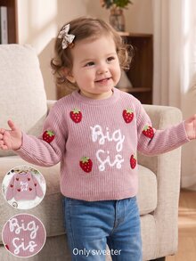 SHEIN 2Pcs Set Girls' Taro Pink Chunky Knit Crew Neck Sweater 3D Handmade Crochet Strawberry Decor And Big Sis Letter Embroidery Long Sleeve Pullover Loose - Pink - View 6