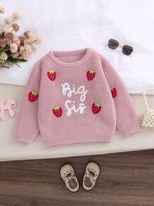 SHEIN 2Pcs Set Girls' Taro Pink Chunky Knit Crew Neck Sweater 3D Handmade Crochet Strawberry Decor And Big Sis Letter Embroidery Long Sleeve Pullover Loose - Pink - View 7