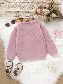 SHEIN 2Pcs Set Girls' Taro Pink Chunky Knit Crew Neck Sweater 3D Handmade Crochet Strawberry Decor And Big Sis Letter Embroidery Long Sleeve Pullover Loose - Pink - View 2